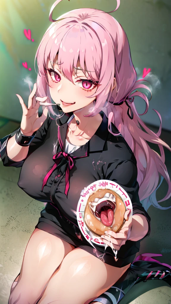  ((((Open your mouth))))、masterpiece,Highest quality,High resolution,Very detailed,bb Festival,meだium hair,skinny,Ahoge,Light pink hair,(((((  Captivating smile ))))),skinny,Hair ween the eyes,bangs,Race,(((( Perfect Fingers )))) ,  shoes,(black shoes:1.4),Race trim,shoes,Black footwear,indoor,(Cafe:1.2),((Blowjob Gestures:1.5))、Open your mouth ,Sitting,Chair,Heavy breathing ,Put your hand in front of your mouth,Put your hand in front of your mouth, manga,article,magazine、(Black Mask:1.2, Remove the mask:1.3)、Squint your eyes、Sharp Eye、((vapor,Sweat、Vulgarity)),(Late Night:1.8, dark照明:1.6, dark:1.8, Spotlight, Heart-shaped pupils:1.2, Motion Blur)