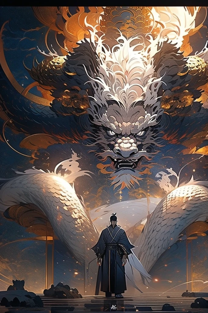 a man in a white robe, black hair, a sword in his left hand, young man, ponytail hair, ancient Chinese clothing, qi, a huge saber, ancient Chinese buildings in the background, night, powerful character, purple rays, a beautiful landscape. Detailed face, thick eyebrows, black eyes, 8k, robe embroidered with gold edges, detailed clothing, xianxia, world of cultivation. ((upper body))
