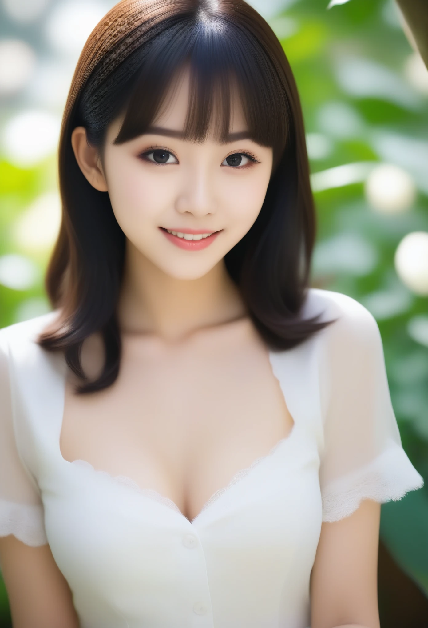 8K, Ultra-high resolution, Highest quality, masterpiece, 三分割法によるphotograph,Surreal, photograph, 1 girl, (:1.3), pretty girl, Cute face, Beautiful eyes in every detail, 細かくdetailedに,masterpiece,, One Girl:1.2, Japan Female Announcer,whole body、Black Hair、well-groomed eyebrows、Cute Lip Makeup,garden,squirt,summer,Sparkling sunlight,Blouse with collar,Pencil Skirt,Cute gestures、so beautiful,A carefree smile,Healing the heart,blunt bangs,Looking at the audience、beauty,Long neck、Laugh a little、Please close your mouth and laugh、(((Ideal body type))),A-cup small breasts :2,、Portraiture:2、Perfect Anatomy、鮮明なdetailed、detailed、Surreal、Light and shadow,Strong light