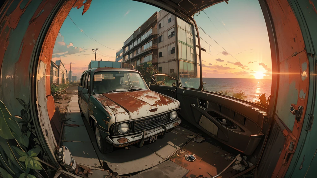 (((Fisheye))), very wide white background, extreme quality, masterpiece, 8k, depth of field, intricate details, (((unattended))), very large margins, lots of text, corporate logo, space, movie poster, (((abandoned building with sea view))), (((all covered with plants)))), nostalgia, (((sunset))), (((Broken and rusted car))), panorama, long shot, backlight, (((dull color))), (((black color))),broken door, (((Night))), (((future interior)))