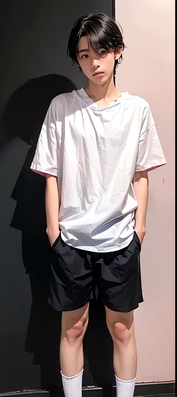 ((The cutest high school boy in Japan))、((A timid face))((Wearing a white short-sleeved shirt))、((Black hair mash))、((Against a simple pink wall))、((Look straight ahead))、((A photo of the person leaning towards me))、Full body photo