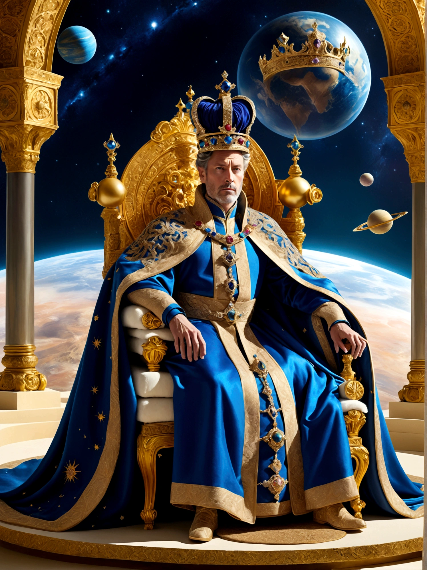 A royal figure in a lavish robe, adorned with a large crown, is seated on a throne, The setting is otherworldly and surreal, located in the vast expanse of space, The figure is perched on a miniature planet that's enveloped entirely by the rich fabric of the robe, reflecting an element of royal extravagance