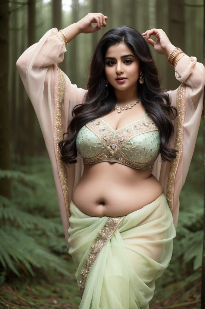 1 Heavenly beautiful and goddess beauty cute and sweet looking face Arabian woman in front of rainy forest, Heavenly beautiful Overweight, Heavenly beautiful Extremely fat, Heavenly beautiful and attractive Chubby figure , Heavenly beautiful looking and eye catching luxury style saree , reaching out, Heavenly beautiful Arabian woman, 16k, High resolution, masterpiece, highest quality, fine skin, close up figure view, Realistic Photograph