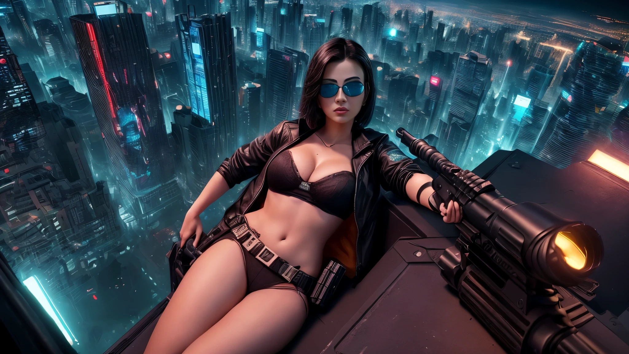 (((at night))), FPS gaming screen view, rooftop, (((high angle view))) of cyberpunk city, neon light hologram buildings, unreal engine 5 rendering, (((1Girl, solo))), large , Chest exposed, breast ge, widss, slim waist, dyna seductive pose, ((​masterpiece:1.2)), top-quality, official art, detailed CG Unity 8K Wallpapers, artbook, Expressive Hues, Vibrant Palette, B deficiency and white clothes, (((matrix style black micro sunglasses))), (((((aiming with a short gun))))), (((looking at camera))), (((very low view))), (((((thigh level medium:1.1 shot))))).