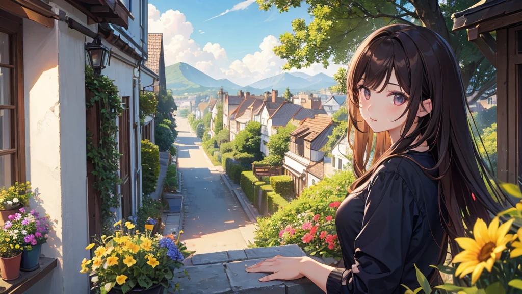 masterpiece,Highest quality,One girl,Hair color is brown，semi-long, Kind eyes，Gradient Hair,countryside,Cityscape,sunlight,Flowers and plants,blue sky,scenery,afternoon,Light perception,Soft sunlight,