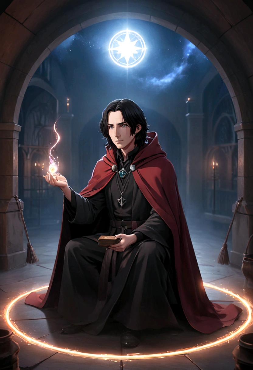 anime image of a young severus snape in a black red cloak sitting on a circle, an arcane wizard casting a spell, summoning circle, he is casting a lighting spell, ethereal anime, isekai manga panel, magical girl anime mahou shojo, wearing star filled mage robes, witch academia, isekai, summoning spell, wizard pondering his orb