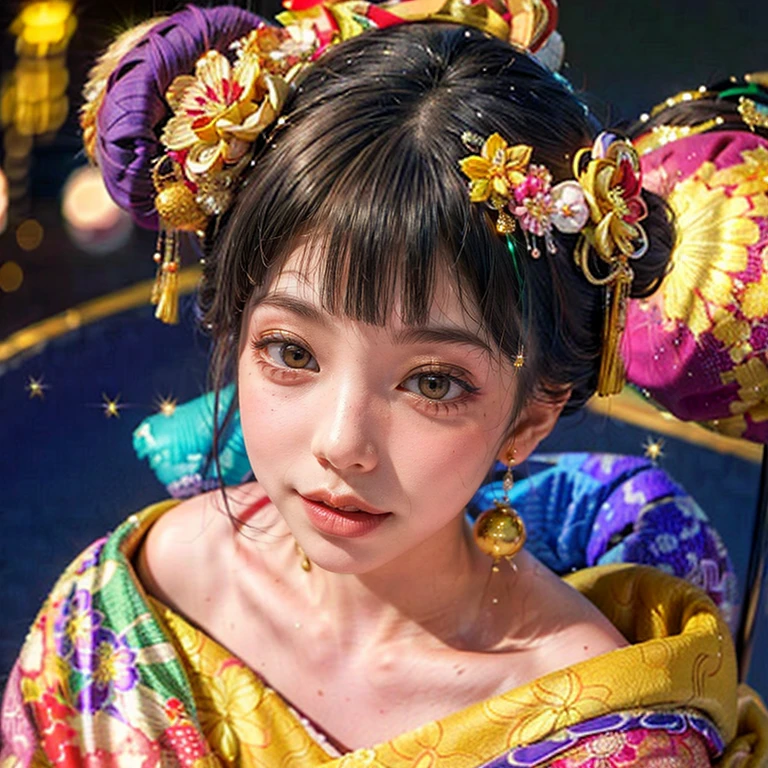 (PUNIPUNI clavicle KIMONO ((offshoulder)) KANZASHI FlowerHairpins Topknot TwinBun Oiran-Hair)High-level, 8K Masterpiece TopQuality, Ultra-detailed CG, Absurd detailed wallpaper, PerfectLighting, Extremely detailed (((Personifying " OIRAN " as a KAWAII Girl))), Characteristic Items, aesthetic LifeLike Rendering, MysticSight, Haze Tyndall Scattering, (Studio DARK Background with (Oodles Dazzling Iridescent 🌈Particles (BokeH))), (((Assfocus)) RoundlyButt) ThighGap, (Exposed:0.66) 🔞 BREAK (Acutance:0.8), (NOGIZAKA FaceVariations) Extremely Detailed very KAWAII FaceVariations, Childish CaptivatingGaze ElaboratePupils ParfectEyes with (SparklingHighlights:1.28), (Voluminous LongEyelashes:0.88), 💄💋✨ GlossyRedLips with BeautifulDetails, CoquettishTongue, PUNIPUNI RosyCheeks, Radiant PearlSkin with Transparency, Glowing DowneyHair . { (Dynamic LifeLike expressions:1.4) | (:d) }, (large eyes:-1) .