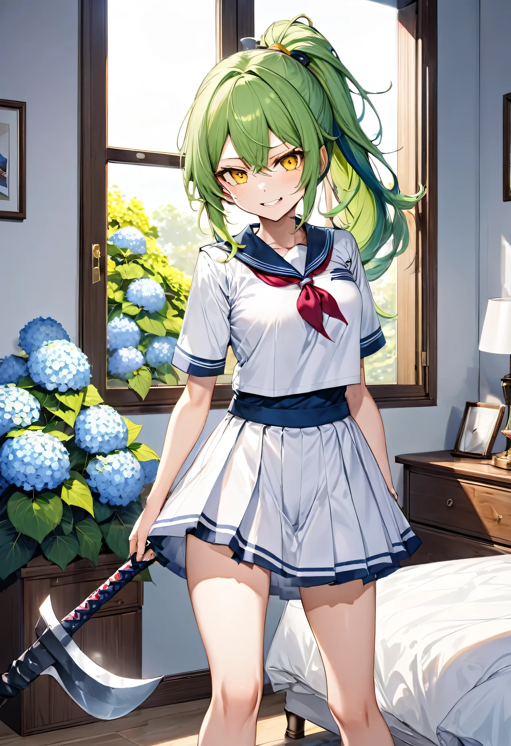 (frontale, full body) (15 yo, solo ponytail green hair long hair divine axe fighter girl, angry yellow eyes, angry:1.3 smile, medium tits), (in a summer maide uniform), break, (in the simple bedroom, background Through the window, out side A cluster of hydrangeas), BREAK, perfect anatomy, masterpiece, best quality, 16k, beautiful detailed grow, daydreaming expression.