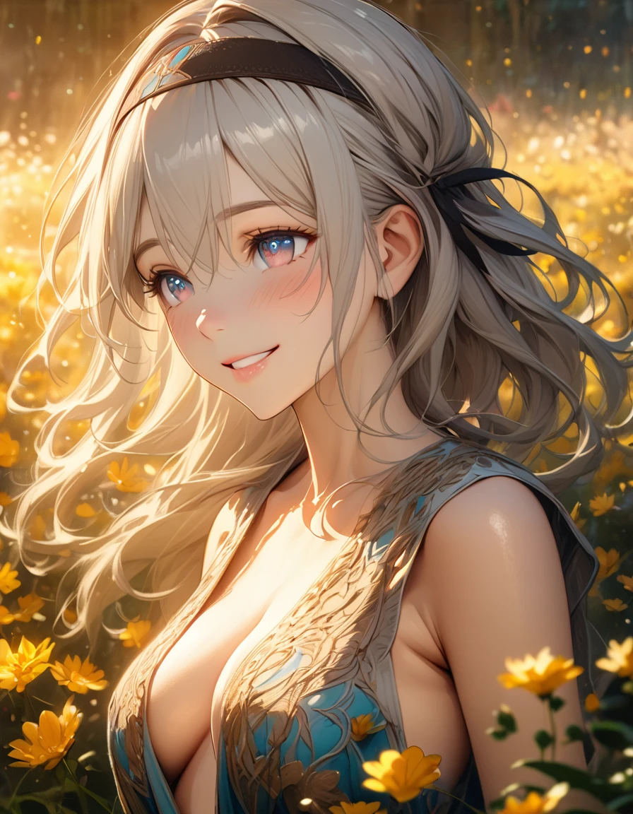 beautiful girl, long grey hair, beautiful face,smiling,close up to hips, beautiful moderate breast, in the middle of flowers field, (open mouth:0.4),illustration,detailed textures(realists),ultra-detailed,portrait style,vivid colors,soft lighting, blushing, mature, hair fluttering, evening light , head band, ((half body)),  cleavage, no bra , wearing intricate dress, perky. ((side profile ))