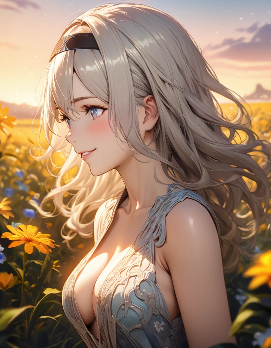 beautiful girl, long grey hair, beautiful face,smiling,close up to hips, beautiful moderate breast, in the middle of flowers field, (open mouth:0.4),illustration,detailed textures(realists),ultra-detailed,portrait style,vivid colors,soft lighting, blushing, mature, hair fluttering, evening light , head band, ((half body)), cleavage, no bra , wearing intricate dress, perky. ((side profile ))