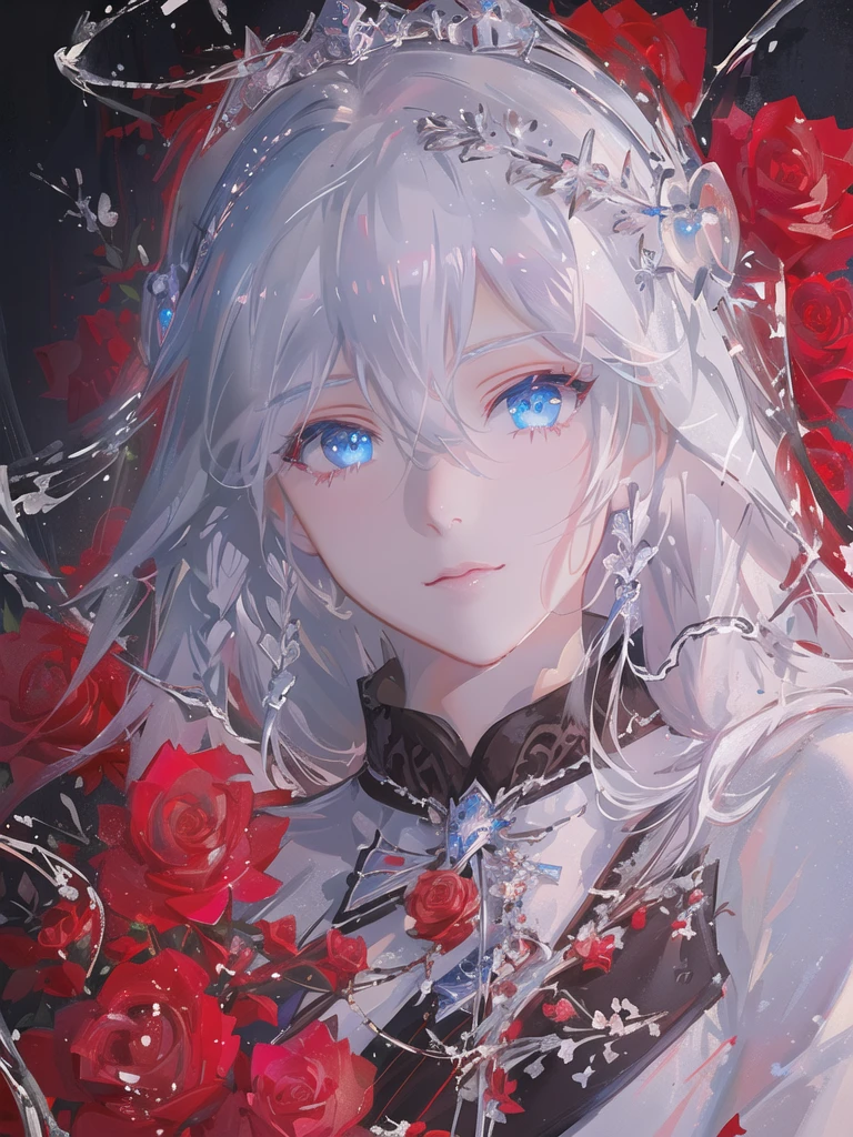 Blonde Girl，White hair，Red rose，necklace, Gu Weiss on pixiv artstation, Gu Weiss, Gu Weiss on artstation pixiv, artwork in the style of Gu Weiss, Gu Weiss masterpiece, Popular on artstation pixiv, Anime Art Wallpaper 4K, Anime Art Wallpaper 4K, Detailed digital anime，Beautiful and charming water blue eyes，Blue beautiful hair