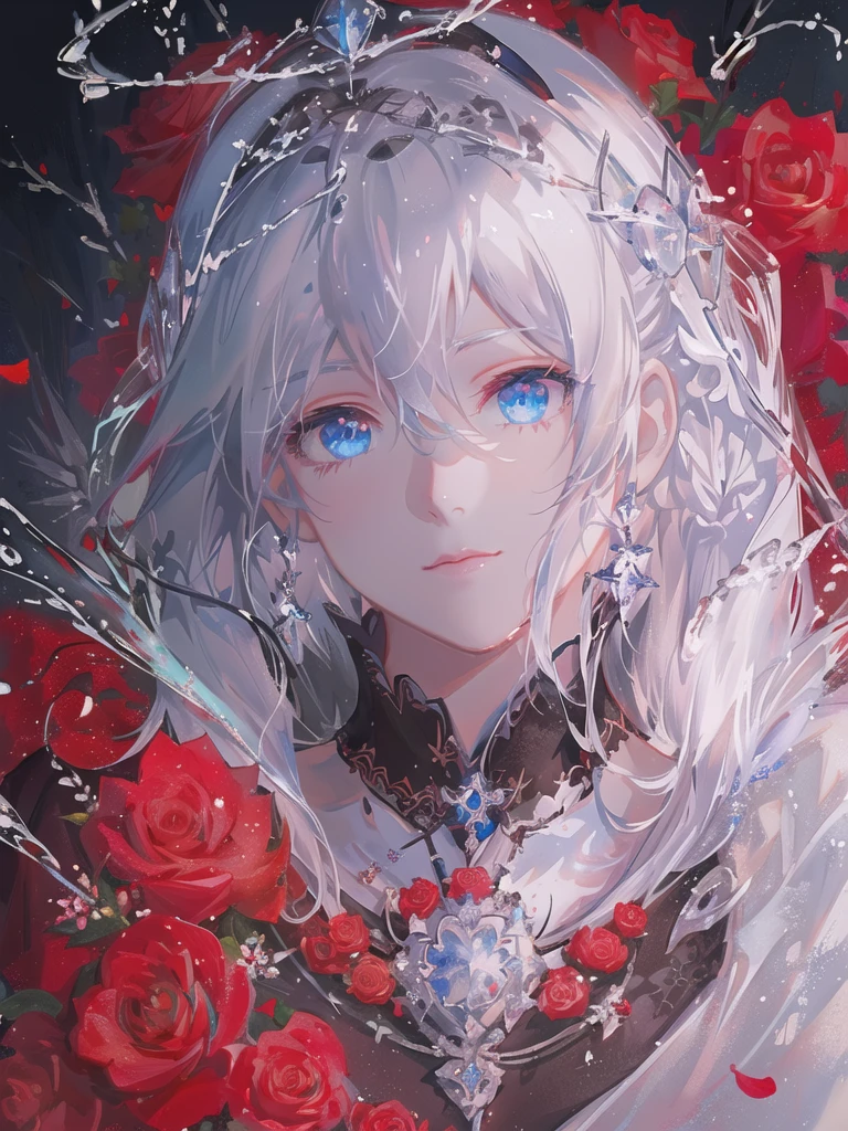 Blonde Girl,White hair,Red rose,necklace, Gu Weiss on pixiv artstation, Gu Weiss, Gu Weiss on artstation pixiv, artwork in the style of Gu Weiss, Gu Weiss masterpiece, Popular on artstation pixiv, Anime Art Wallpaper 4K, Anime Art Wallpaper 4K, Detailed digital anime,Beautiful and charming water blue eyes,Blue beautiful hair