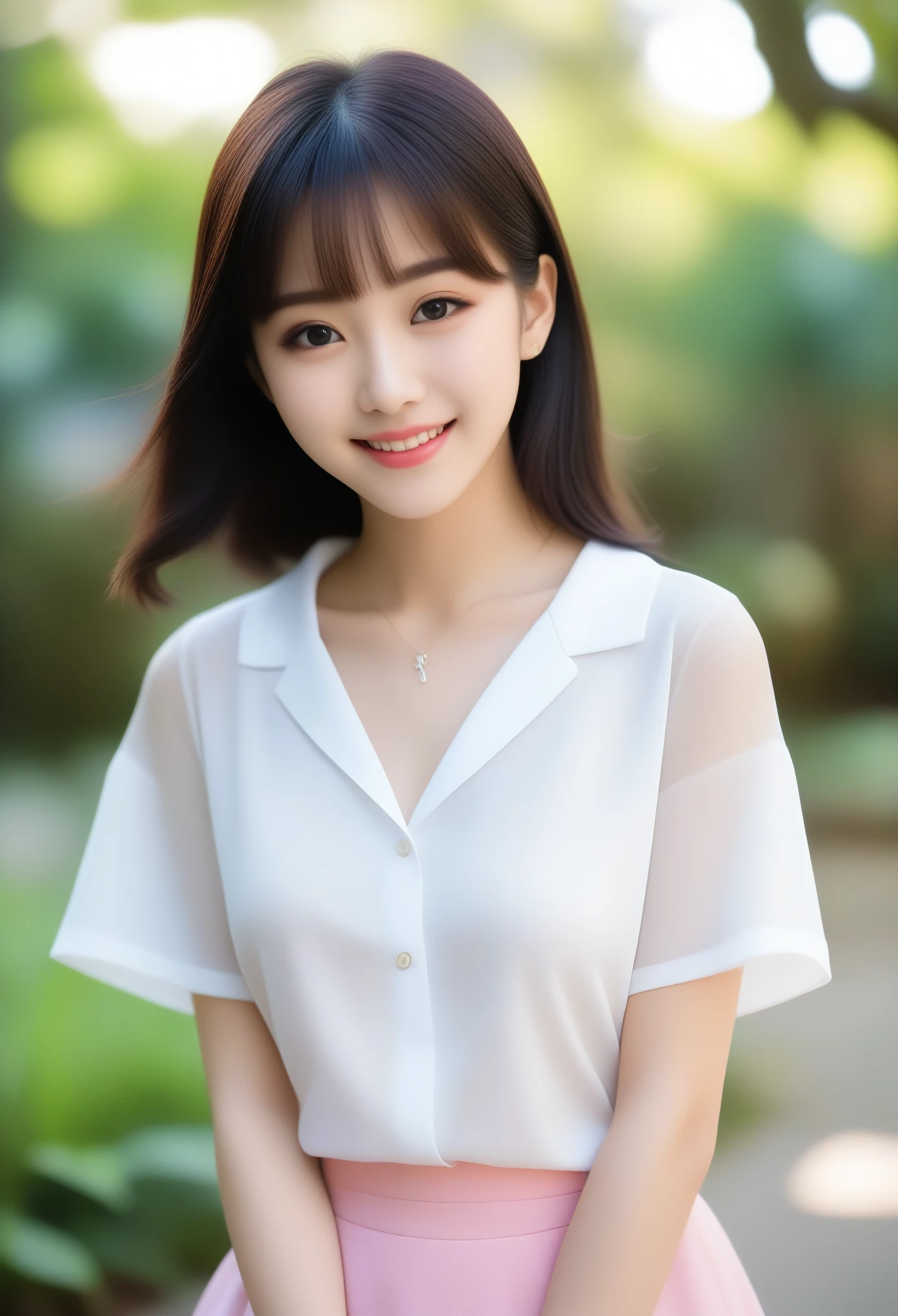 8K, Ultra-high resolution, Highest quality, masterpiece, 三分割法によるphotograph,Surreal, photograph, 1 girl, (16 years old:1.3), pretty girl, Cute face, Beautiful eyes in every detail, 細かくdetailedに,masterpiece,, One Girl:1.2, Japan Female Announcer,whole body、Black Hair、well-groomed eyebrows、Cute Lip Makeup,garden,squirt,summer,Sparkling sunlight,Blouse with collar,Pencil Skirt,Cute gestures、so beautiful,A carefree smile,Healing the heart,blunt bangs,Looking at the audience、beauty,Long neck、Laugh a little、Please close your mouth and laugh、(((Ideal body type))),A-cup small breasts :2,、Portraiture:2、Perfect Anatomy、鮮明なdetailed、detailed、Surreal、Light and shadow,Strong light