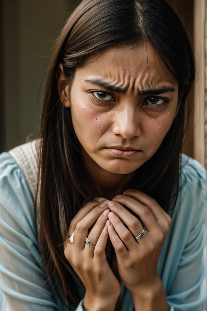 A face with downcast eyes, frown or tears, and a hunched or drooping posture can convey sadness.