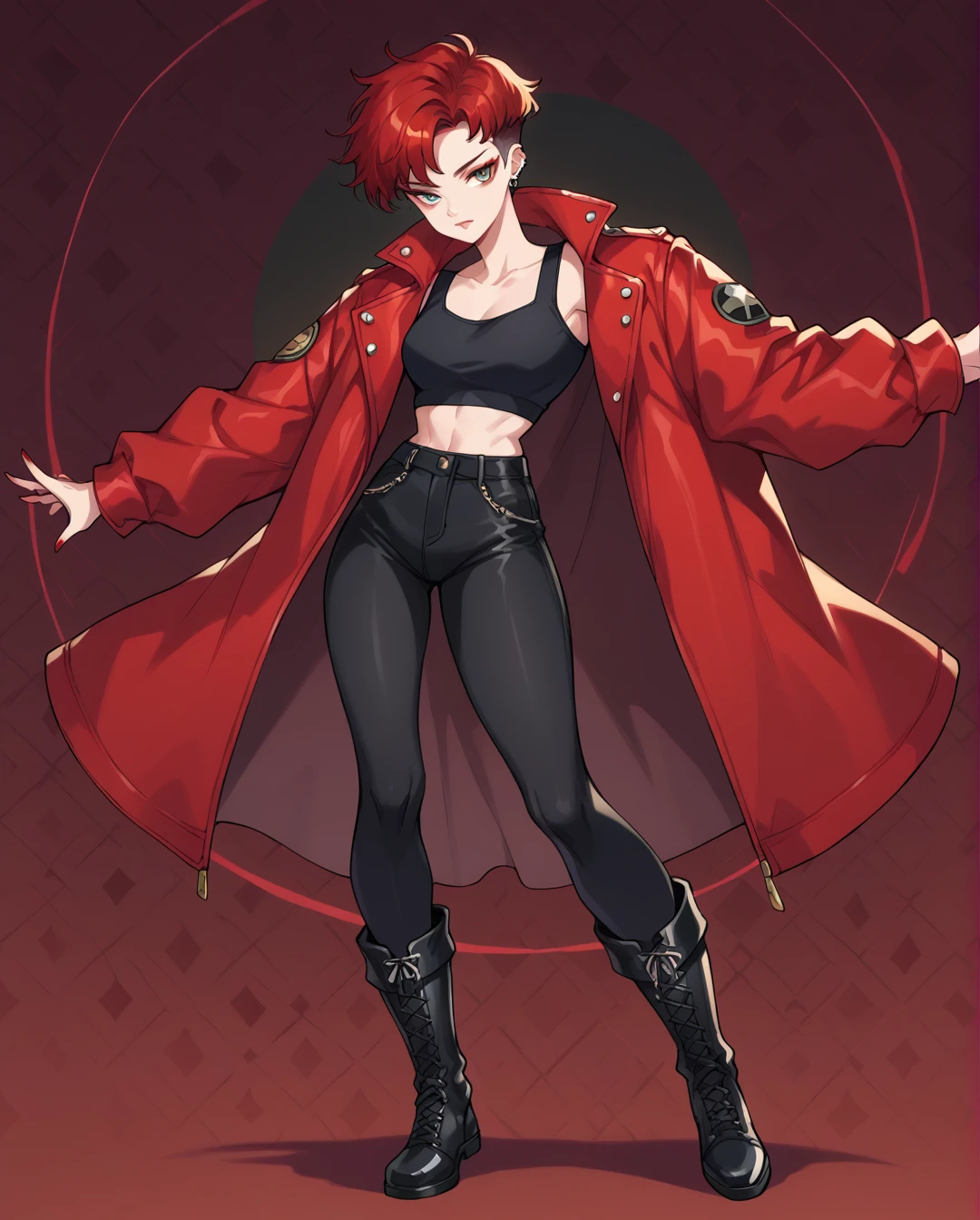 amano yoshitaka, a full-body, high-resolution anime style of A woman with black pixie cut hair, dressed in black tights, black boots, black crop top, and red leather jacket