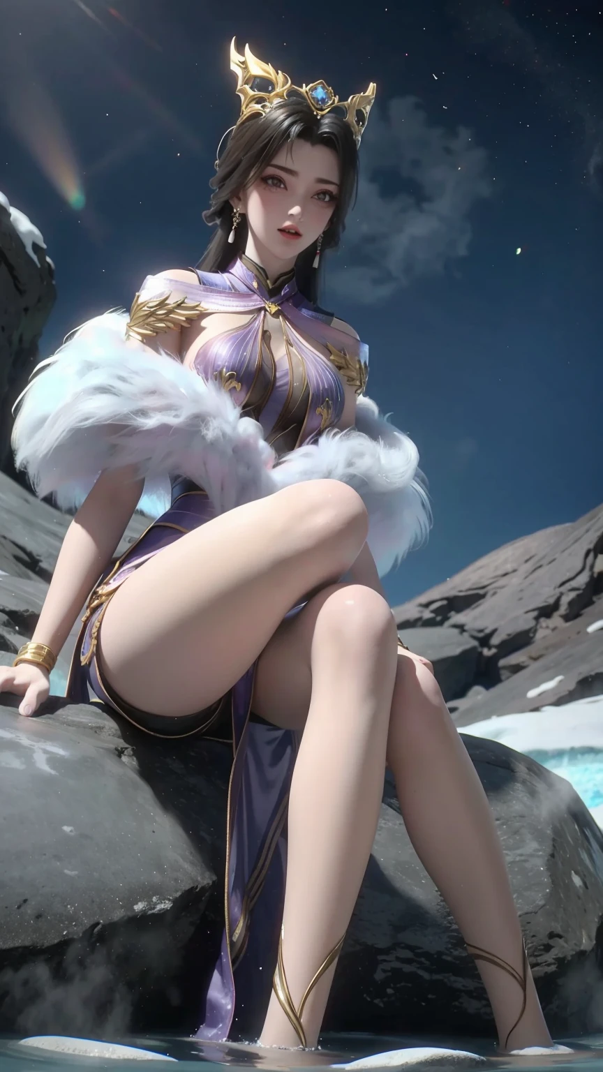 A girl sitting on the iceberg hot spring,night,Star,snow,Hot spring water,Bathing in a hot spring,Water Magic