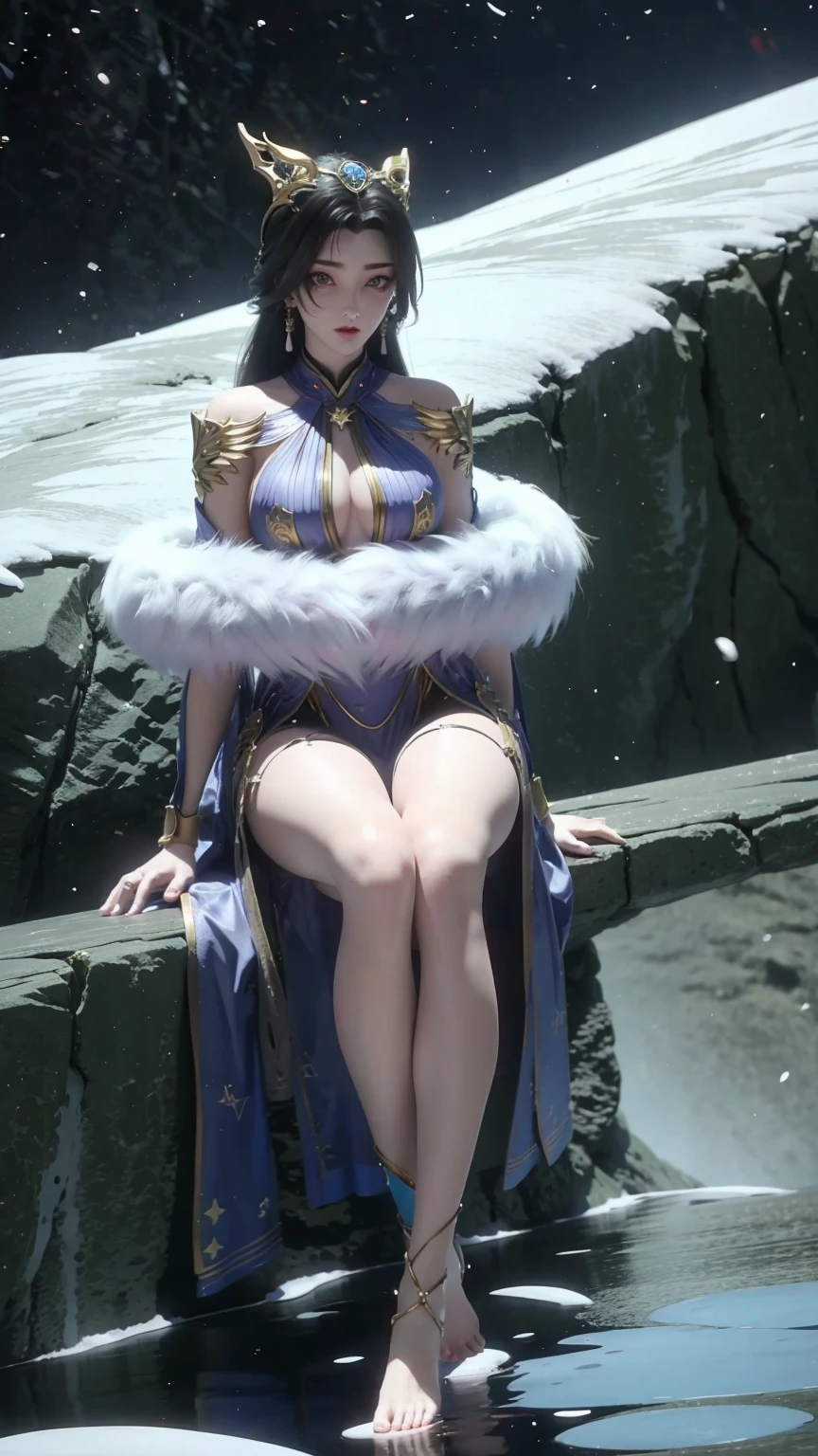 A girl sitting on the iceberg hot spring,night,Star,snow,Hot spring water,Bathing in a hot spring,Water Magic