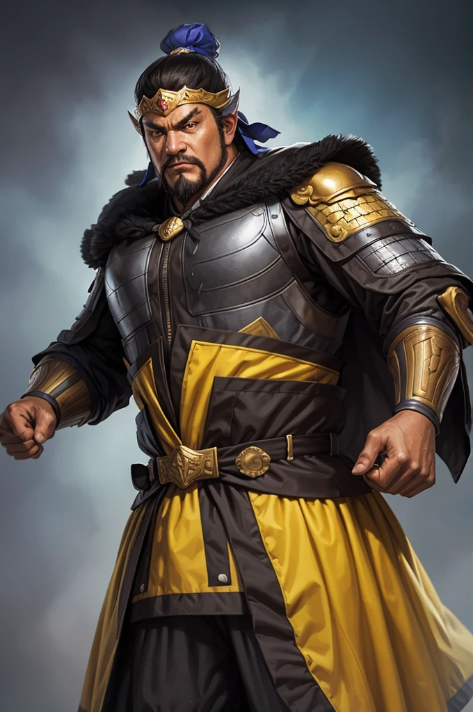 8K,middle aged man,oriental armor(The elaborately crafted coat of arms of a nobleman),ultra high resolution,surreal,realistic skin,Black hair short hair,big black eyes,clear eye description, muscular body,waist armor,delicate hands, Perfect hand shape, character art, action pose,masterpiece,Realistic RAW photos of the highest quality,bright colors,rich colors, backlight, movie lights, film grain,50mm lens