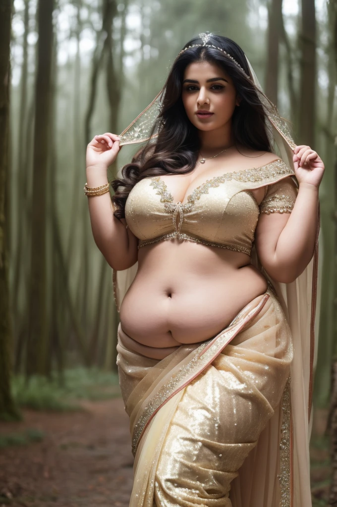 1 Heavenly beautiful and goddess beauty cute and sweet looking face Arabian woman in front of rainy forest, Heavenly beautiful Overweight, Heavenly beautiful Extremely fat, Heavenly beautiful and attractive Chubby figure , Heavenly beautiful looking and eye catching luxury style saree , reaching out, Heavenly beautiful Arabian woman, 16k, High resolution, masterpiece, highest quality, fine skin, close up figure view, Realistic Photograph