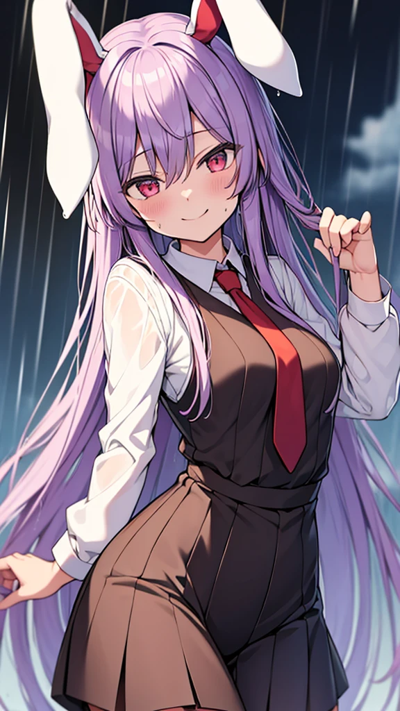 reisen₋udongein₋inaba Light purple long hair White rabbit ears Red eyes Red tie Smiling Wet in the rain Top quality Masterpiece