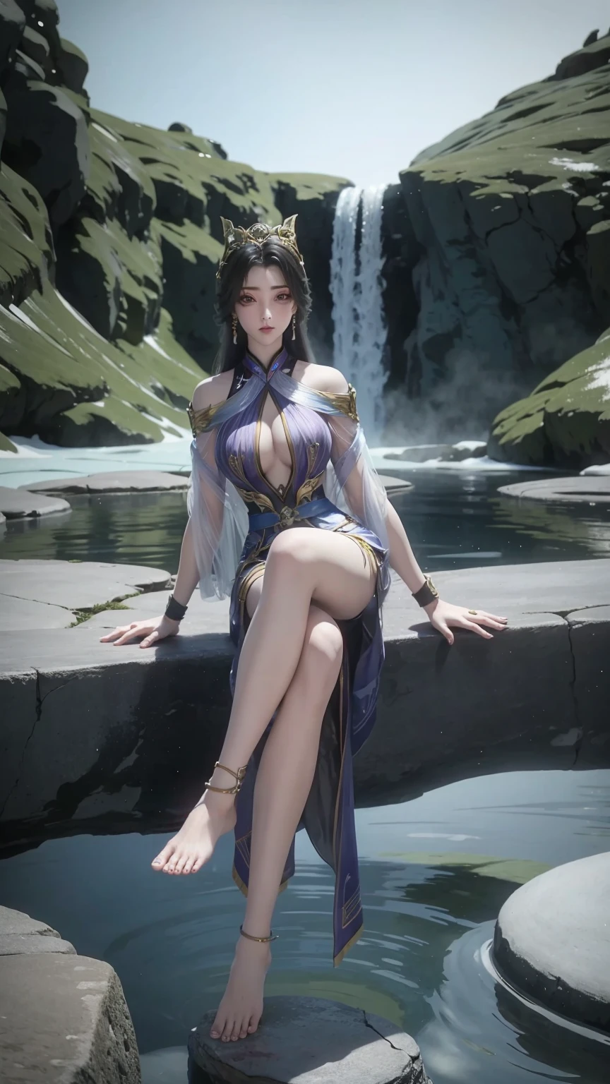 a girl sitting on an iceberg hot spring at night, stars, snow, hot spring water, bathing in the hot spring
