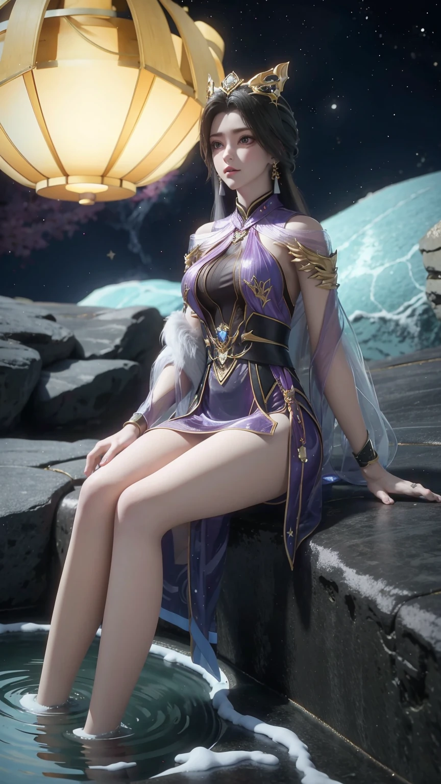 a girl sitting on an iceberg hot spring at night, stars, snow, hot spring water, bathing in the hot spring