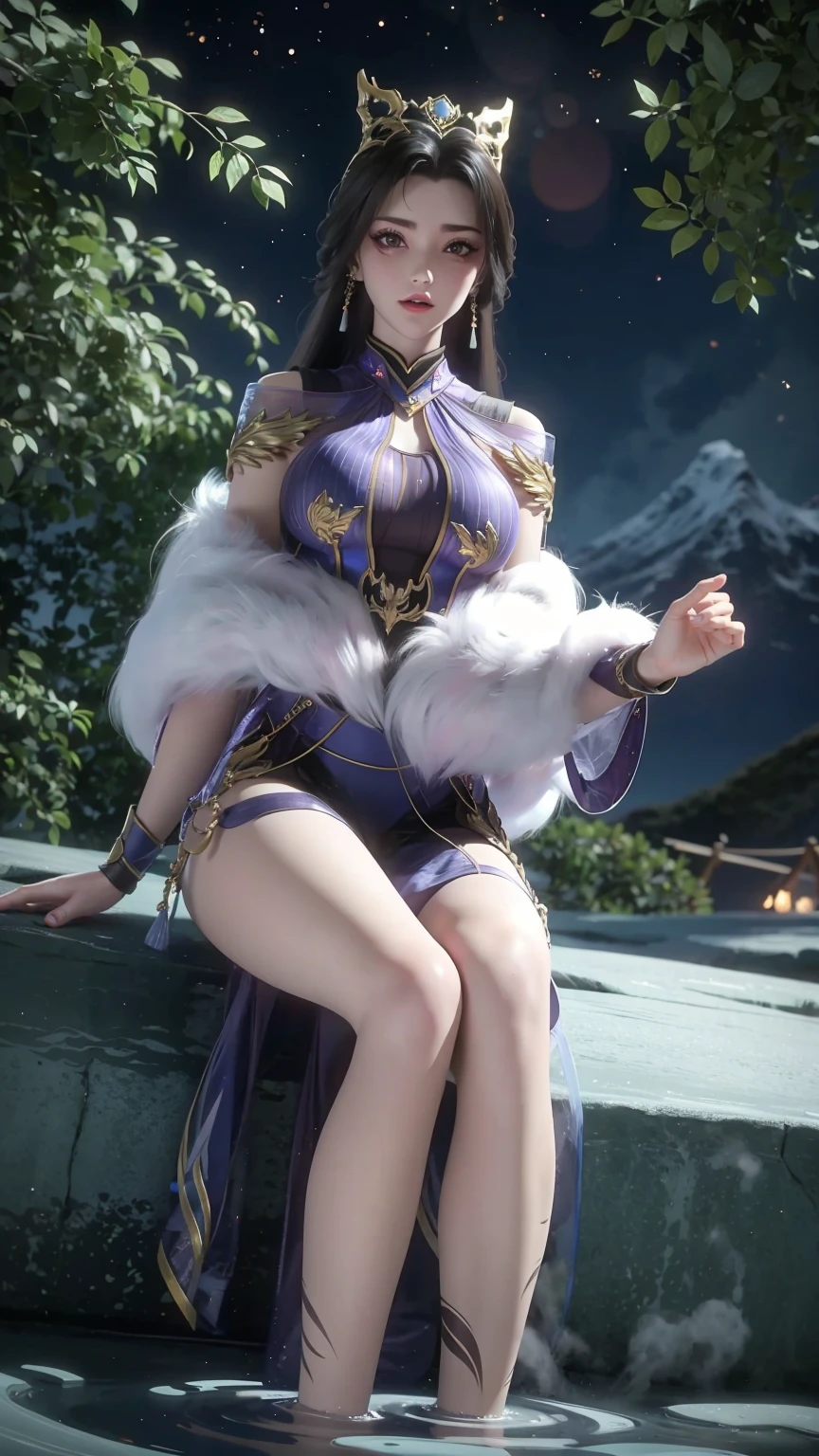a girl sitting on an iceberg hot spring at night, stars, snow, hot spring water, bathing in the hot spring