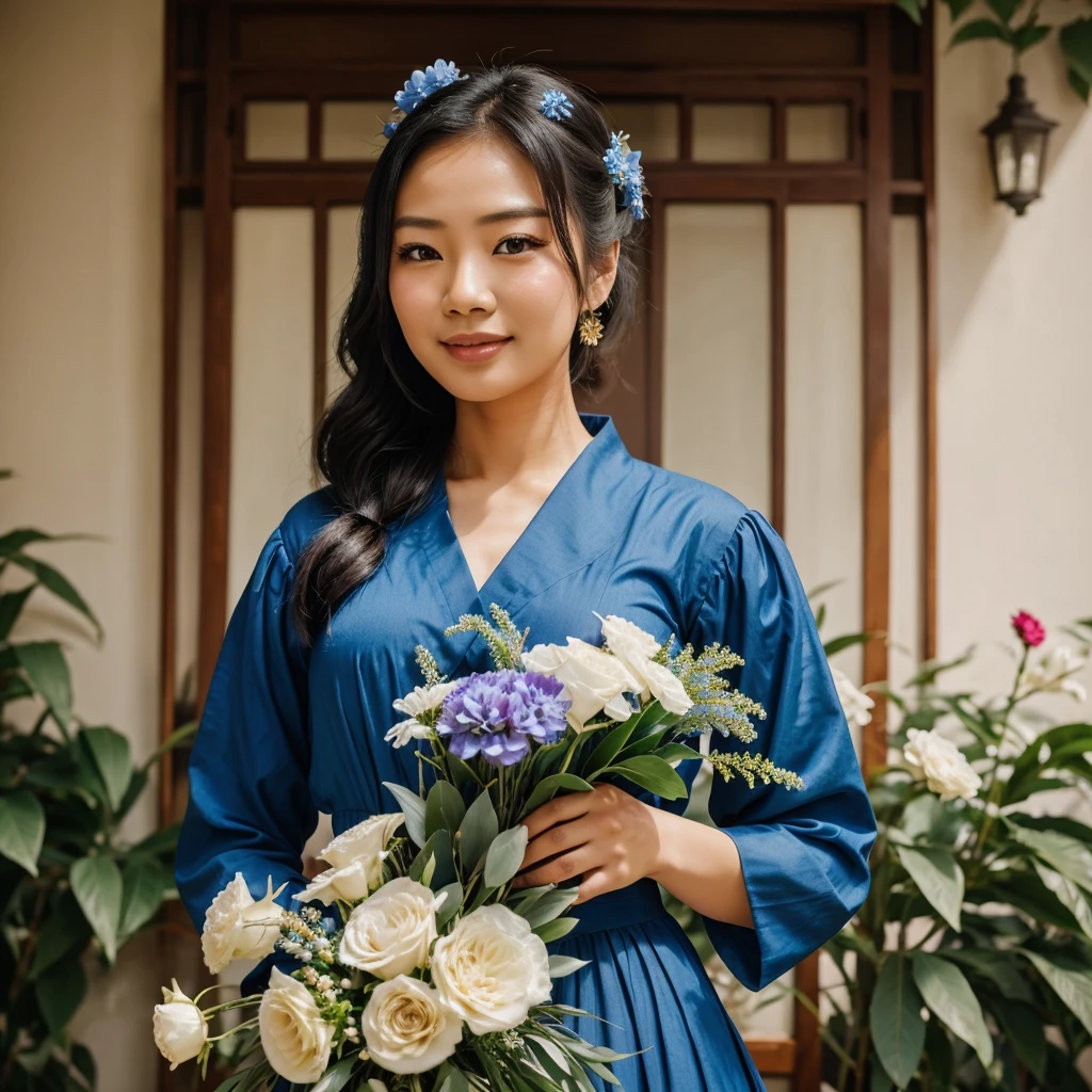 1840s, asian woman in blue clothing, cheerful, bouquet background, cinematic