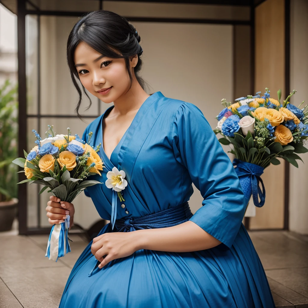 1840s, asian woman in blue clothing, cheerful, bouquet background, cinematic