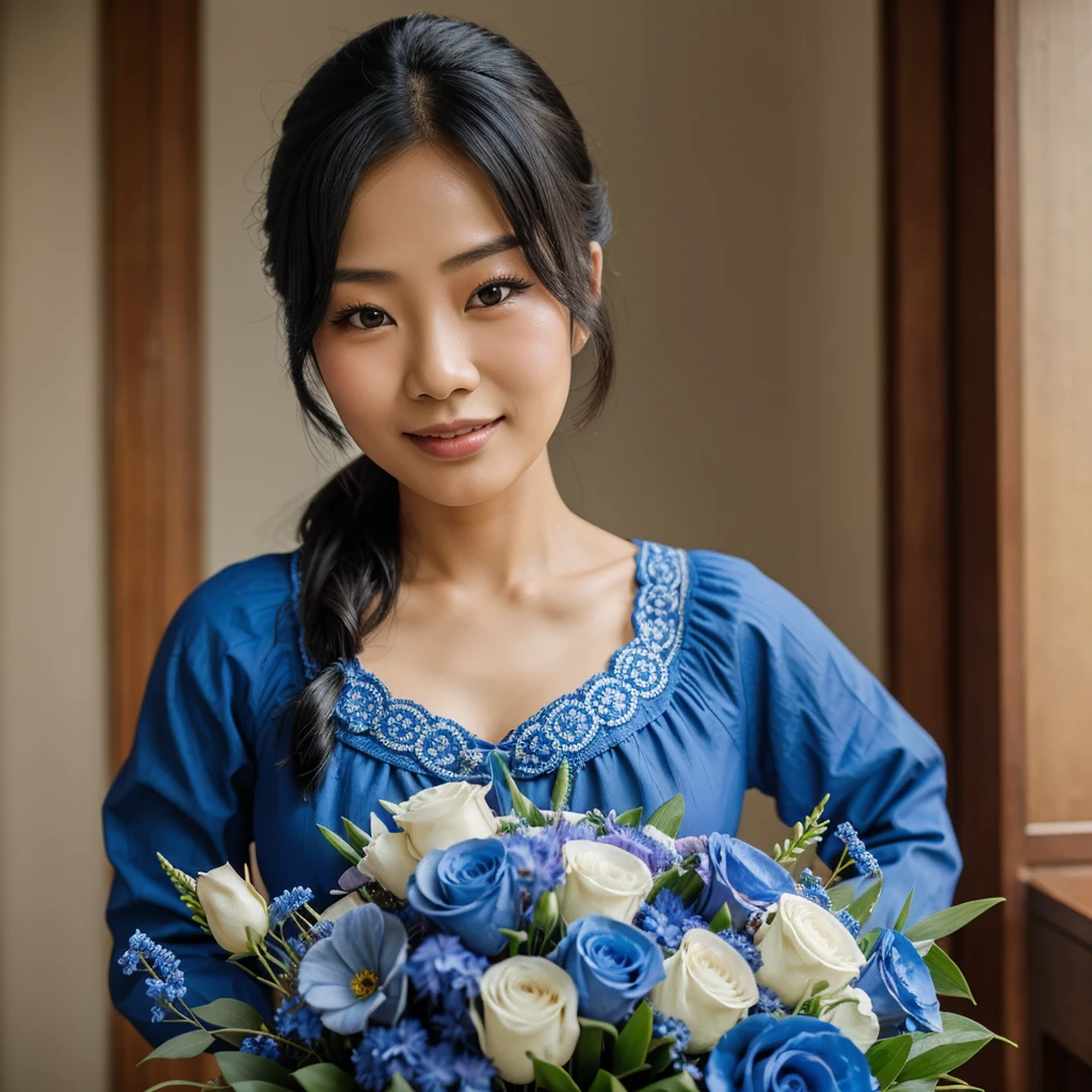 1840s, asian woman in blue clothing, cheerful, bouquet background, cinematic