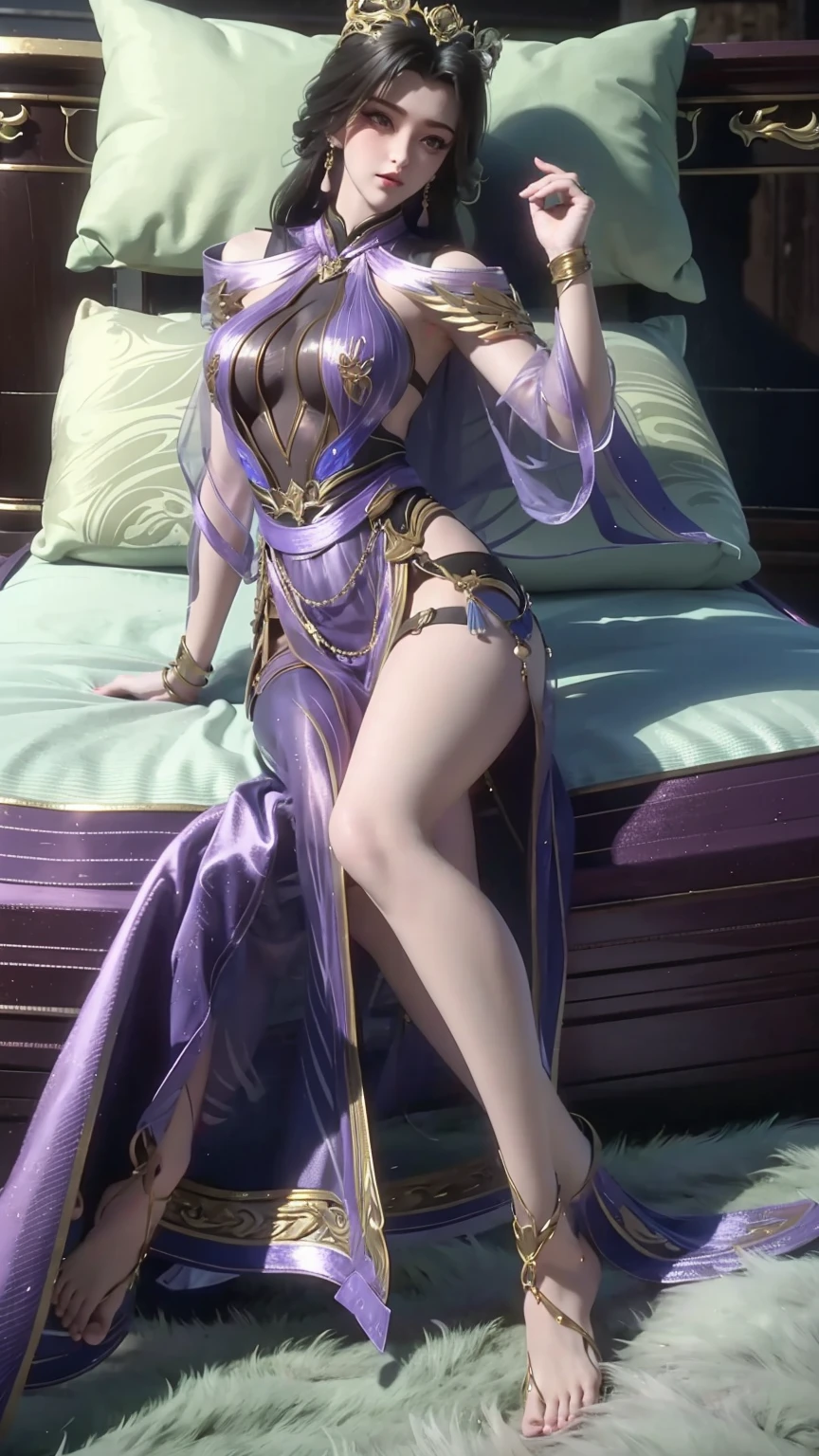 a girl lying on a bed, facing upward, slightly raising her leg, extremely detailed and beautiful 16 year old girl, 4k, 8k, cinematic, full body, lying, long legs, full body capture, (((lying on a bed))), (((full body lying on a bed))), large bed, lying on a bed, head resting on pillow, high quality, photorealistic, hyperrealistic, beautiful skin, flawless complexion, beautiful eyes, long eyelashes, delicate facial features, beautiful lips, graceful pose, natural lighting, warm color palette