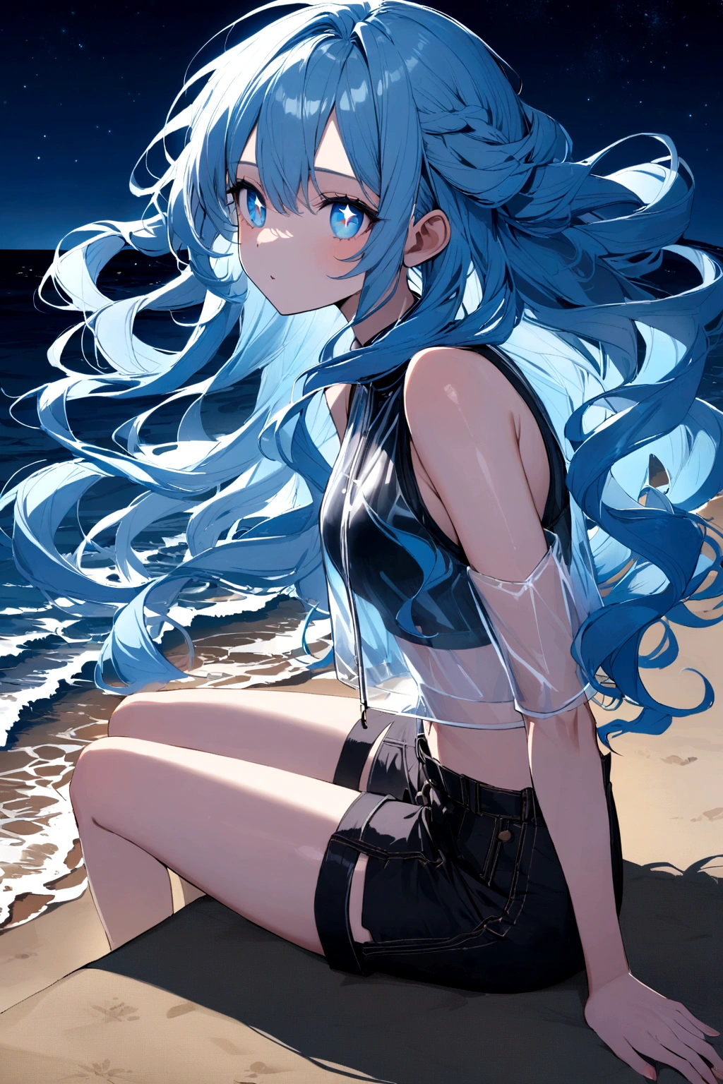 Sky Blue very long hair, wave hair styles,black cropped shirt, sleeveless,wearing shorts,sitting on the beach at night,blue ocean eyes, stars pupils, transparent jacket.