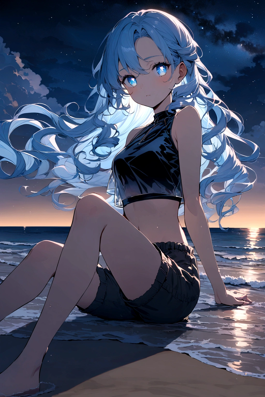 Sky Blue very long hair, wave hair styles,black cropped shirt, sleeveless,wearing shorts,sitting on the beach at night,blue ocean eyes, stars pupils, transparent jacket.