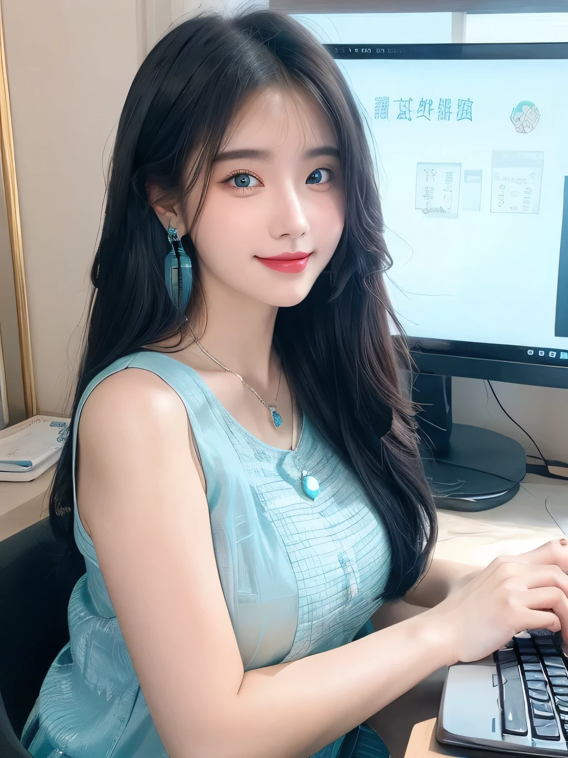 masterpiece, best quality, ultra-detailed, illustration,(1girl),beautiful detailed eyes, looking at viewer, (holding a computer keyboard), happy, (turquoise hair:1), (blue rounded eyes:1), (round earring), (turquoise big gem necklace), cute round face, long hair, smile, fantasy chinese clothes