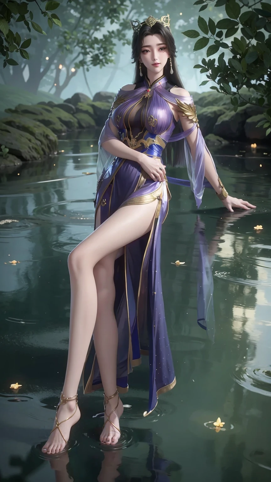 一个穿着连衣裙的女孩躺在Starry Sky下的床上，Exquisite smile，Beautiful and delicate eyes，Beautiful and delicate lips，Extremely detailed face and eyes，Long eyelashes，Full body，Flowing hair，belly button，best quality，excellent work，Super，(Reality:1.4)，RAW photos，(Beautiful face:1.2)，(Lying on the water:1.5)，1 girl，(absurd)，(8K)， (4K)，Octane Rendering，Starry Sky，((Full body view))，Wearing crystal barefoot，Cross-legged