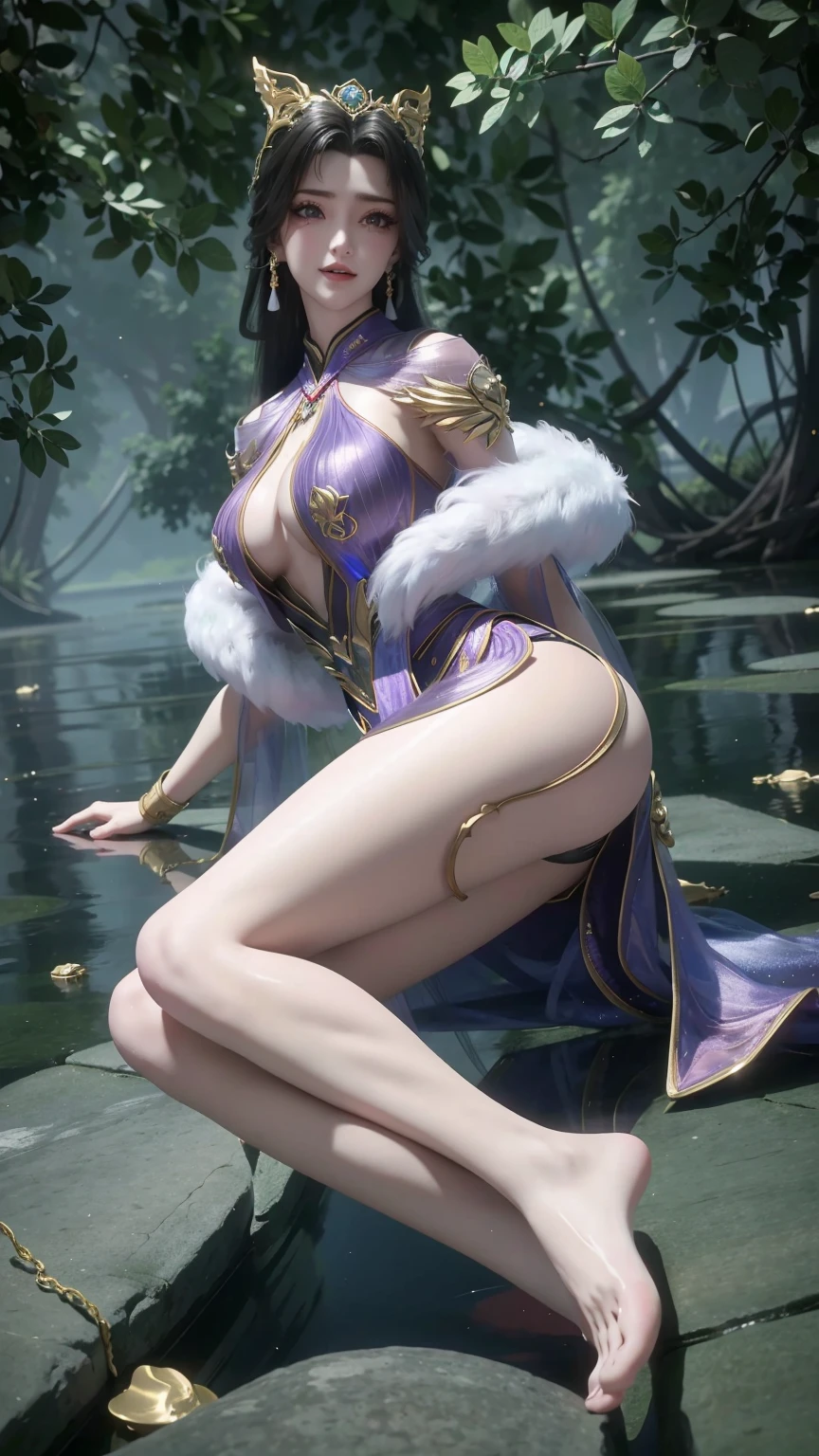 一个穿着连衣裙的女孩躺在Starry Sky下的床上,Exquisite smile,Beautiful and delicate eyes,Beautiful and delicate lips,Extremely detailed face and eyes,Long eyelashes,Full body,Flowing hair,belly button,best quality,excellent work,Super,(Reality:1.4),RAW photos,(Beautiful face:1.2),(Lying on the water:1.5),1 girl,(absurd),(8K), (4K),Octane Rendering,Starry Sky,((Full body view)),Wearing crystal barefoot,Cross-legged