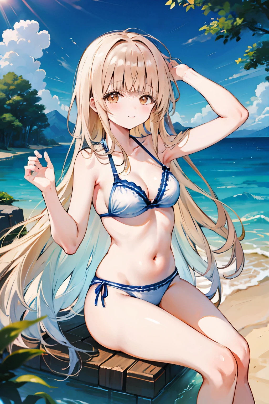 Masterpiece、Anime Coloring、Ultra fine、8K、Sunny summer morning、White Bikini、blush、Ocean