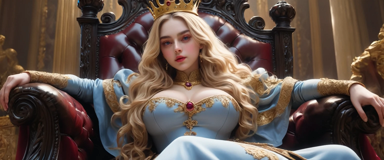 score_9, score_8_up, score_7_up, source_photo, photography, realistic, rating safe, from below, dynamic angle, cinematic angle, ultra detailed, detailed eyes, absurdity, 1girl, old queen victoria is sitting Throne of Power, crown, holding scepter, looking at viewer, (oversized body), large breasts, shiny body, long hair, blonde hair, wavy hair, multiple boys, they are masked shota around her, masterpiece, 8k,