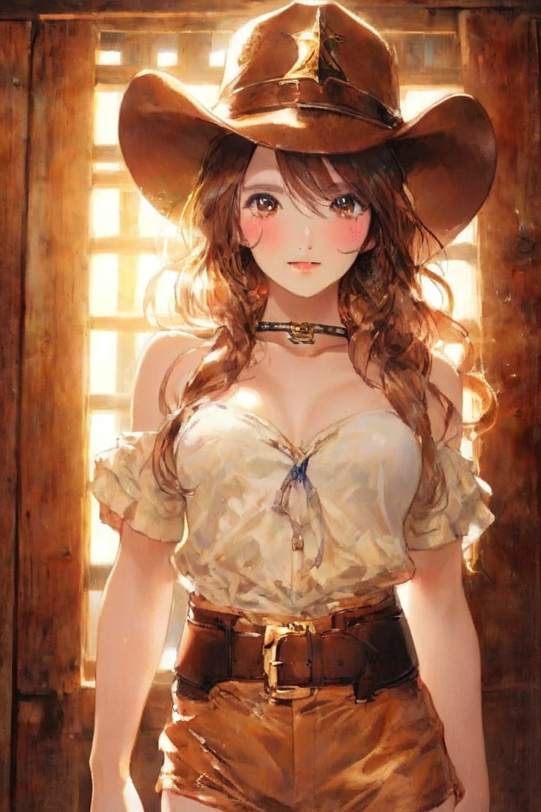 (((NSFW:1.6))),((Nude:1.6)))(((1 person:2.0))),(((naked:1.2))),(((brown gun belt:1.8))),((Brown cowboy hat)),((Wear a metal watch on your wrist:1.8))),(((Showing cleavage))),(((Exposed thin inner thighs))),(((Small breasts:1.5))),(((nakedの腕))),(((Her hair is brown))),((Blushed:1.2)), Beautiful detailed girl, Very detailed目と顔, 緻密でBeautiful Eyes, Very detailed, High resolution, Highest quality, masterpiece, Very detailed, 8k wallpaper, wonderful, finely, Highest quality, The light shines on your face,,(Standing in front of a wooden wall),Beautiful Eyes,((Engage your audience:1.2)),,Above the knee shot,((Are standing:1.2)),((Place your right hand on your chest:1.2))