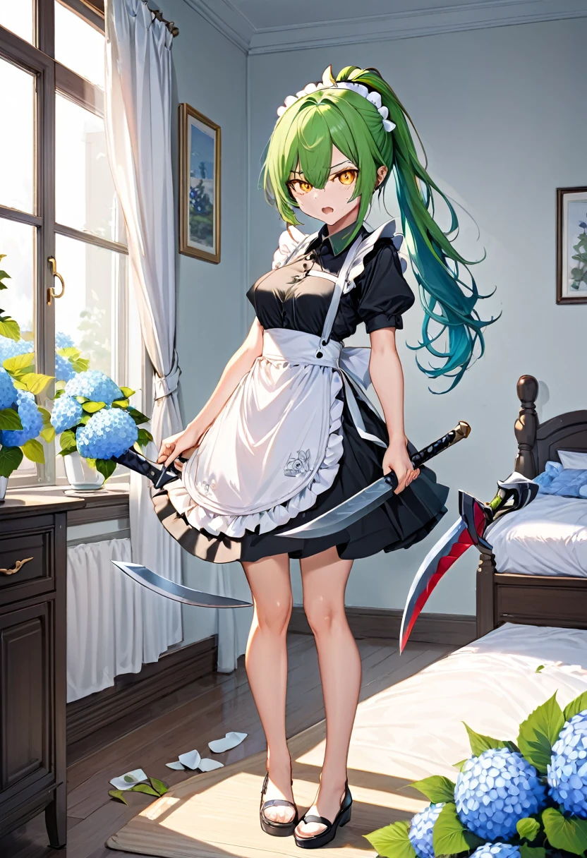 (frontale, full body) (15 yo, solo ponytail green hair long hair divine axe fighter girl, angry yellow eyes, angry:1.3 face, medium tits), (in a summer maid clothes), break, (in the simple bedroom, background Through the window, out side A cluster of hydrangeas), BREAK, perfect anatomy, masterpiece, best quality, 16k, beautiful detailed grow, daydreaming expression.