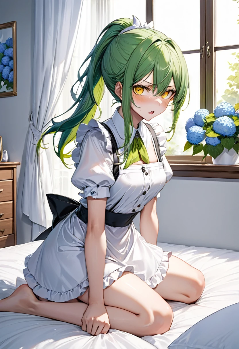 (frontale, full body) ( yo, solo ponytail green hair long hair divine axe fighter girl, angry yellow eyes, angry:1.3 face, medium tits), (in a summer maid clothes), break, (in the simple bedroom, background Through the window, out side A cluster of hydrangeas), BREAK, perfect anatomy, masterpiece, best quality, 16k, beautiful detailed grow, daydreaming expression.