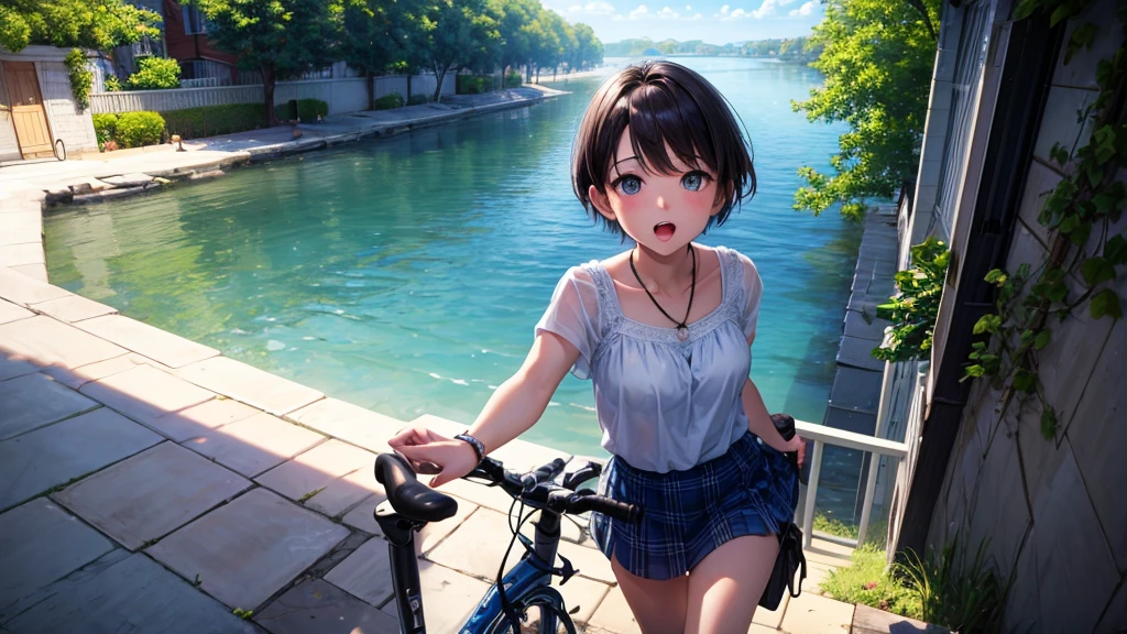 masterpiece, Highest quality, View Viewer, look up, From above, Kiss the viewer, noon, Alley, ZOOMER, mini skirt, Open your mouth,short hair,One person,blue sky, bike