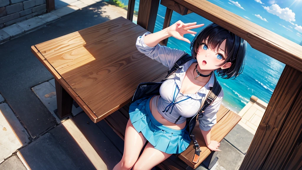 masterpiece, Highest quality, View Viewer, look up, From above, Kiss the viewer, noon, Alley, ZOOMER, mini skirt, Open your mouth,short hair,One person,blue sky, bike