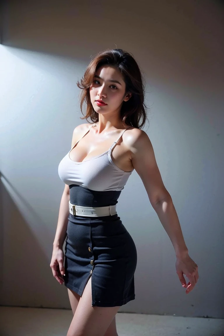 (Highest quality,8K,masterpiece), Rough skin, Anatomically correct, sharp, Gray background((Japanese Mature, 40age)), alone, ((Facial wrinkles), Shapely breasts, Straight light brown hair that reaches the shoulders, Chubby body type (((Stand upright, Facing the center of the screen.))), Close your mouth and look ahead with a serious face.,,shirt,A slit skirt that accentuates the waist, Looking at the camera。Sexy Mei