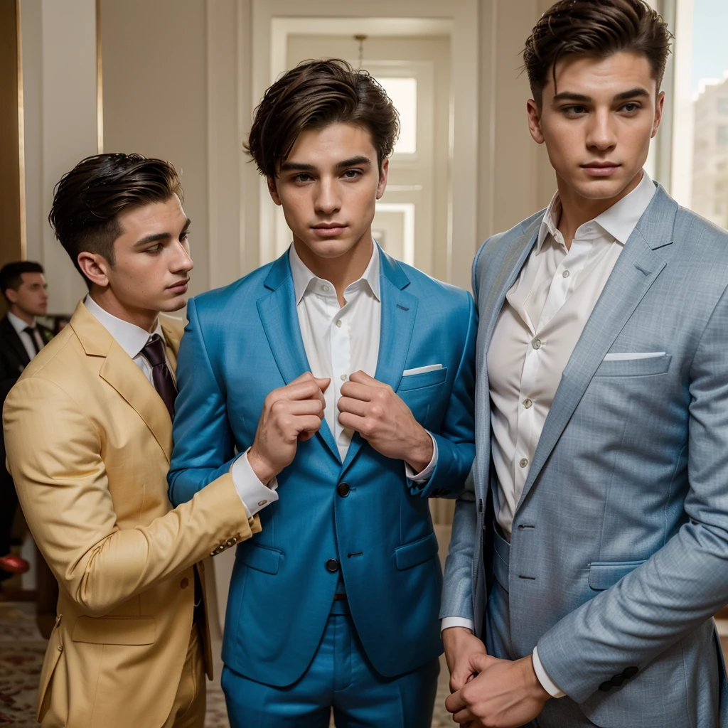 Three 25-year-old boys, with a masculine appearance, wearing a bright color cool suit , like groomsmen . The scene depicts a masterpiece of art, showcasing the boy's professional and wealthy lifestyle. The image is of the best quality, with ultra-detailed features. The color tone is rich and vibrant ,masterpiece, ultra realistic, detailed face, detailed fingers