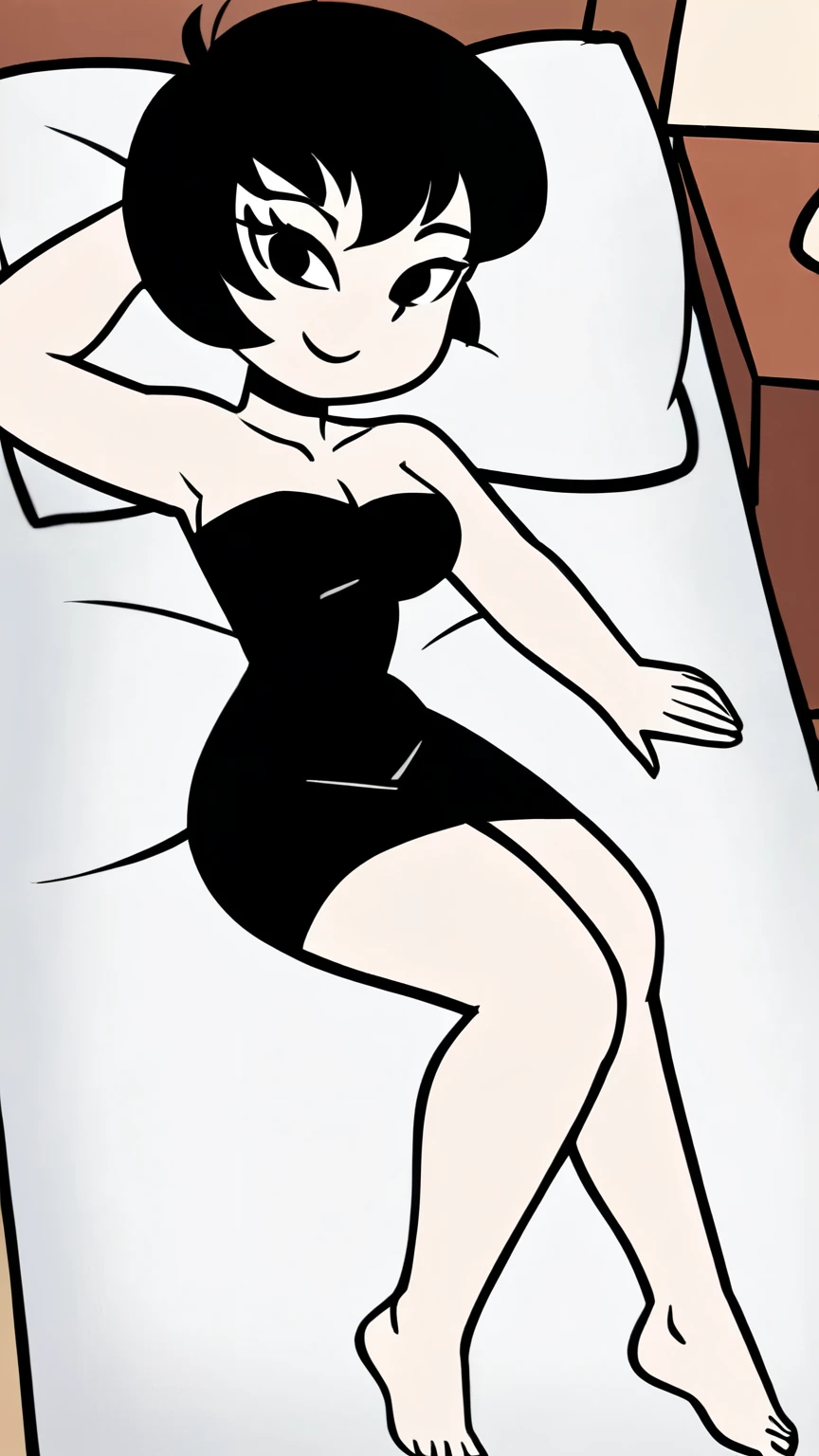 Jucika, digital media, black eyes, black hair, short hair, flat color, flat graphic style, white skin, zPDXL, best quality, amazing quality, score 9, 1girl, collarbone, strapless black tube dress, black chocker, seductive smile, looking at viewers, bare feet, lying in bed, cowboy shot