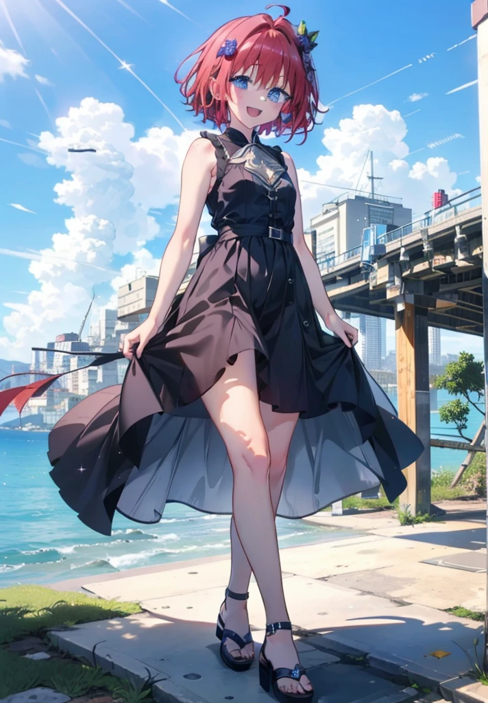 (masterpiece, Highest quality:1.2),shape,8K,High resolution,Say something happy smile, smile, Open your mouth,,Redhead,Long Hair,Purple eyes,1 Girl,sleeveless black dress,Bare arms,Black long skirt,Cute Sandals,walking,Daytime,Clear skies,
break looking at viewer,whole body,
break outdoors, Coastal Road,
break (masterpiece:1.2), Highest quality, High resolution, ユニティ 8K 壁紙, (shape:0.8), (Beautiful and beautiful eyes:1.6), Highly detailed face, Perfect lighting, Highly detailed CG, (Perfect hands, Perfect Anatomy),