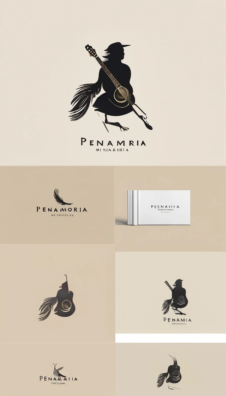 A minimal, modern, simple, cinematic logotype for the brand “Penamemoria". The logotype must be a simple, magical feather and a boy playing acoustic guitar. The logo must convey a sense of music, stories and dreams. Logo design impressed on a book cover. Minimalistic logo