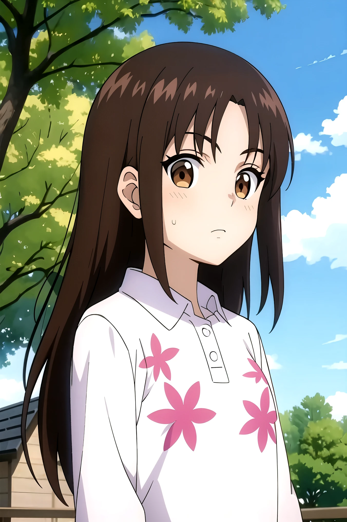 (masterpiece, best quality:1.2), 1girl, yumiko koizumi, asymmetrical bangs, bangs, black hair, blue sky, brown eyes, brown hair, cloud, cloudy sky, dress, eyebrows visible through hair, floral print, hand up, index finger raised, long hair, long sleeves, looking at viewer, outdoors, shirt, sky, tree, upper body, white shirt
