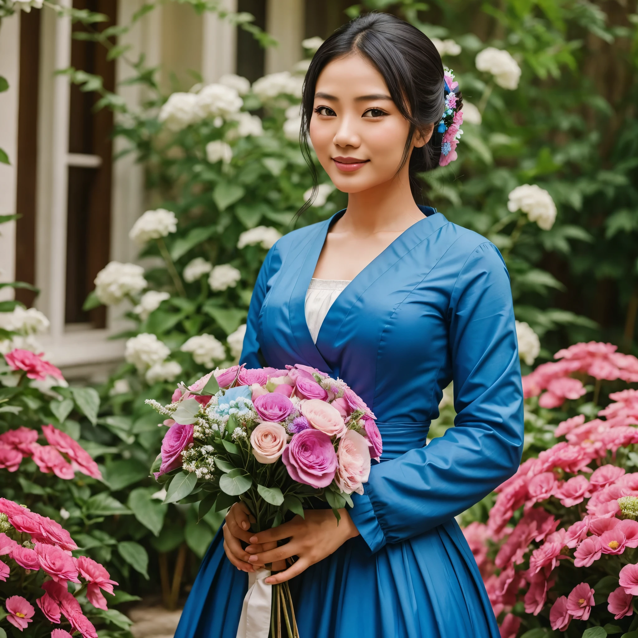 1840s, asian woman in blue clothing, cheerful, bouquet background, cinematic
